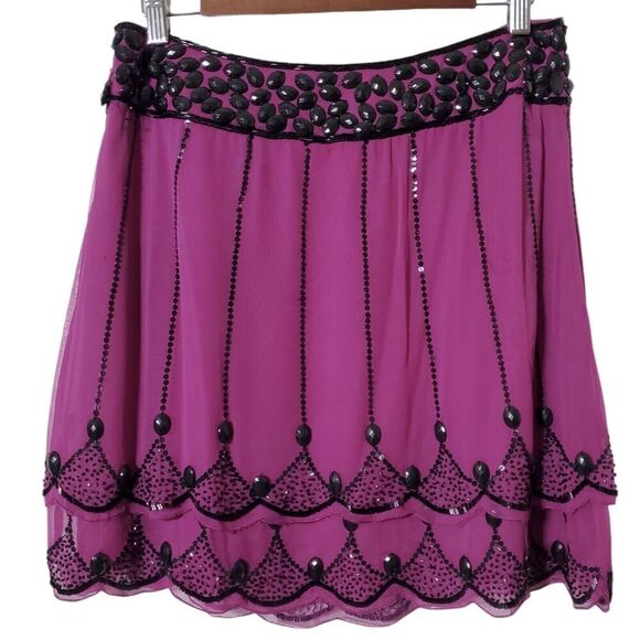 American Retro Paris Silk Curtains Skirt Size 40 Purple Beaded Scalloped Womens - Picture 7 of 13
